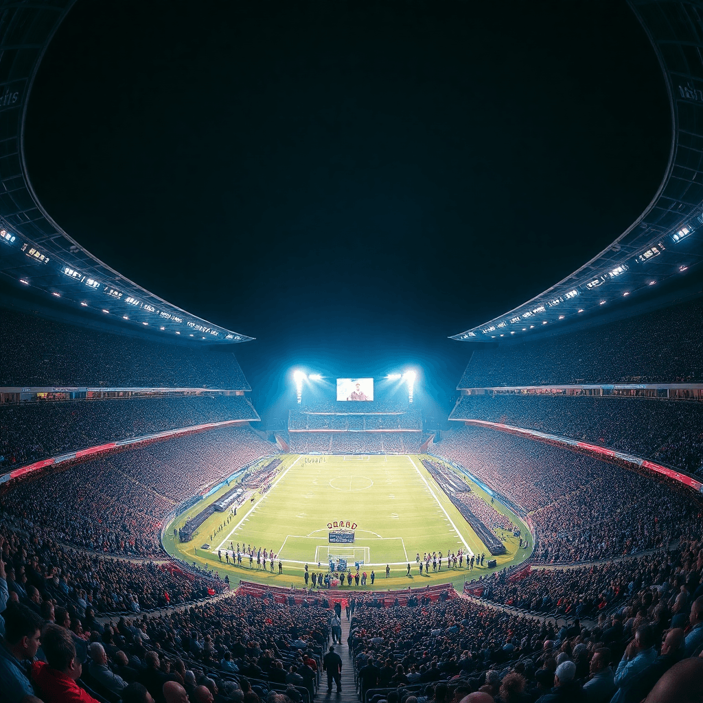 Estádio de futebol lotado e iluminado à noite